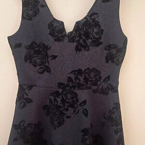 Navy Blue velour shimmer dress with black rose flower print